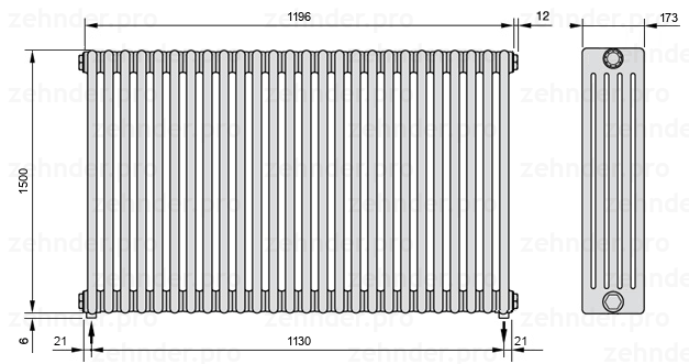 Схема (чертеж) Радиатор Zehnder Charleston 5150/26 №5310 Белый глянцевый RAL 9016